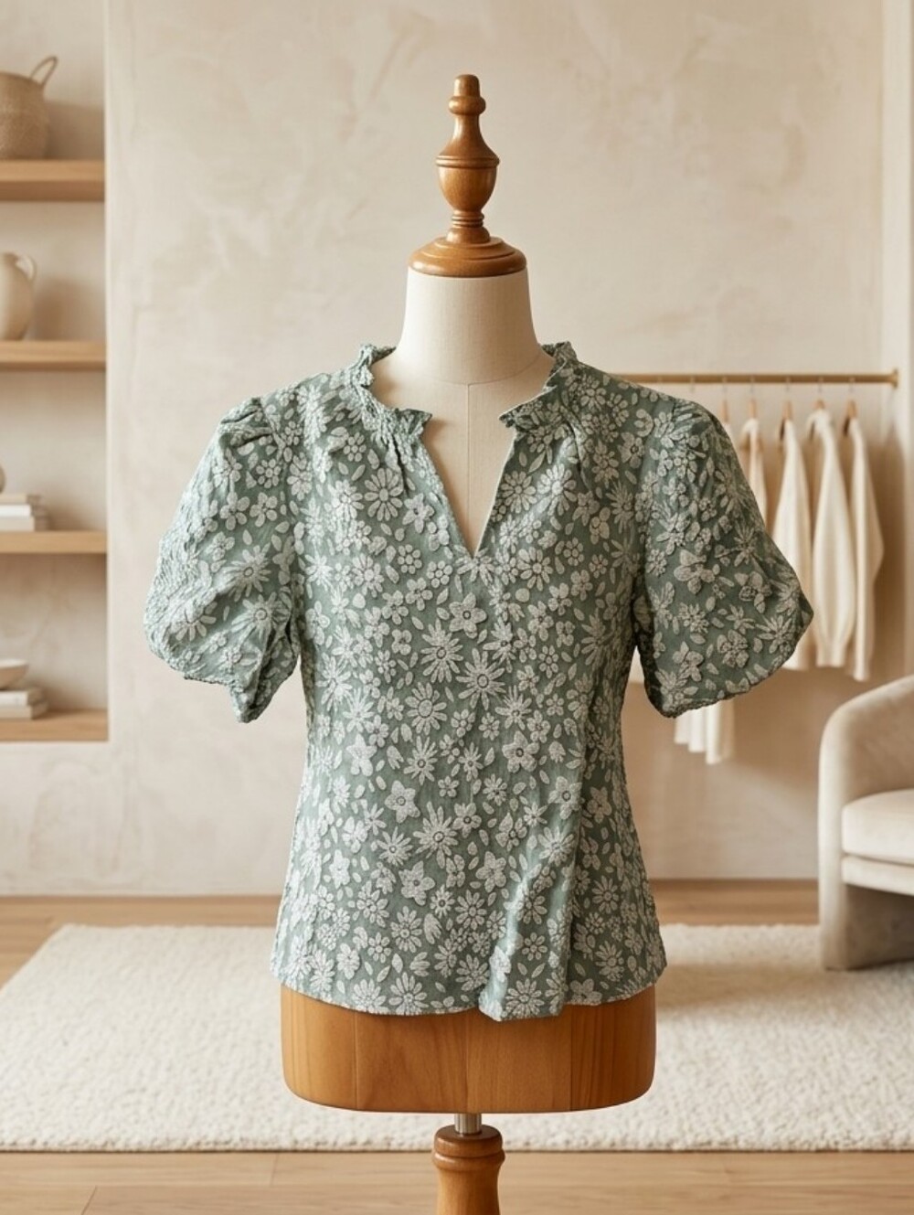 Lovesoft Sage & Silver Textured Puff Sleeve V-Neck Top